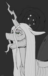 Size: 2125x3320 | Tagged: safe, artist:kirasunnight, imported from derpibooru, queen chrysalis, changeling, changeling queen, exoskeleton, grayscale, monochrome, open mouth, partial color, solo, tongue out