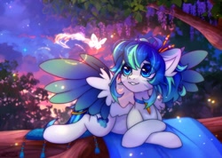 Size: 2600x1855 | Tagged: safe, artist:radioaxi, imported from derpibooru, oc, oc only, butterfly, pegasus, pony, cloud, colored wings, eye clipping through hair, female, in a tree, jewelry, lying down, mare, multicolored wings, necklace, prone, rug, smiling, solo, spread wings, tree, wings