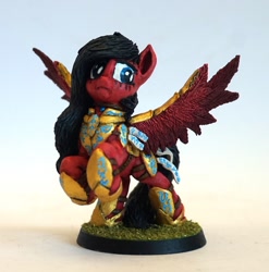 Size: 1254x1267 | Tagged: safe, artist:ubrosis, imported from derpibooru, oc, oc only, oc:steelsong, pegasus, pony, armor, armored pony, craft, female, figurine, gradient background, mare, miniature, photo, sculpture, solo, spread wings, wings