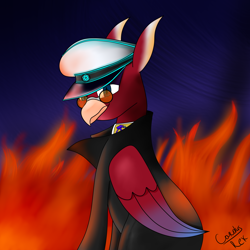 Size: 2000x2000 | Tagged: safe, artist:carolus rex, imported from derpibooru, oc, oc only, oc:george_red, griffon, clothes, fire, glasses, griffon oc, hat, male, solo, uniform