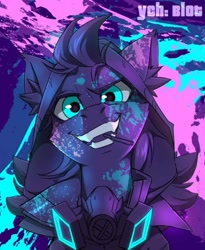 Size: 739x900 | Tagged: safe, artist:redchetgreen, imported from derpibooru, pony, abstract background, bust, cigarette, commission, gas mask, gritted teeth, looking at you, mask, portrait, solo, teeth, ych result