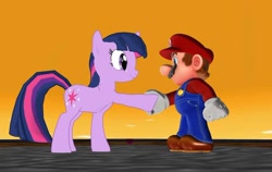 Size: 1080x683 | Tagged: safe, artist:supercarlosvillar, imported from derpibooru, twilight sparkle, pony, unicorn, 3d, crossover, duo, gradient background, handshake, mario, mmd, super mario bros., unicorn twilight