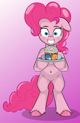 Size: 977x1500 | Tagged: safe, artist:cutiecarbon, imported from derpibooru, pinkie pie, earth pony, pony, semi-anthro, belly button, bipedal, cake, easter, egg (food), featureless crotch, food, gradient background, holiday, kulich, solo, unshorn fetlocks