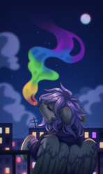 Size: 2375x4000 | Tagged: safe, artist:dedfriend, imported from derpibooru, oc, oc only, pegasus, pony, chromatic aberration, cigarette, city, clothes, eyes closed, night, pegasus oc, smoking, solo