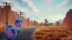 Size: 1580x880 | Tagged: safe, artist:adagiostring, imported from derpibooru, oc, oc only, alicorn, pony, fallout equestria, alicorn oc, armor, cliff, commission, desert, horn, looking away, parent:princess luna, power line, rear view, road, solo, town, wings