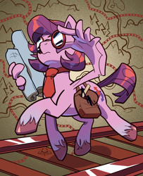 Size: 2600x3200 | Tagged: safe, artist:geatmos, imported from derpibooru, oc, oc only, pegasus, pony, bag, glasses, necktie, saddle bag, solo, train tracks, wing hands, wings