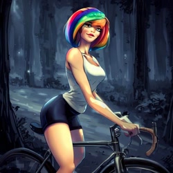 Size: 900x900 | Tagged: safe, imported from derpibooru, rainbow dash, human, equestria girls, legend of everfree, ai content, ai generated, bare shoulders, bicycle, bike shorts, clothes, compression shorts, female, forest, generator:stable diffusion, humanized, night, shorts, sleeveless, solo, tanktop, wrong eye color