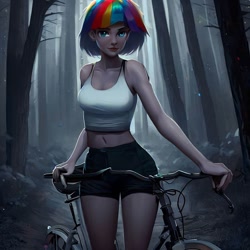 Size: 900x900 | Tagged: safe, imported from derpibooru, rainbow dash, human, equestria girls, legend of everfree, ai content, ai generated, bare shoulders, bicycle, bike shorts, clothes, compression shorts, forest, generator:stable diffusion, midriff, night, shorts, sleeveless, solo, standing, tanktop