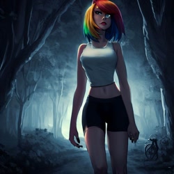 Size: 900x900 | Tagged: safe, imported from derpibooru, rainbow dash, human, equestria girls, legend of everfree, ai content, ai generated, bare shoulders, bicycle, bike shorts, clothes, compression shorts, forest, generator:stable diffusion, midriff, night, shorts, sleeveless, solo, tanktop, walking