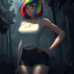 Size: 900x900 | Tagged: safe, imported from derpibooru, rainbow dash, human, equestria girls, legend of everfree, ai content, ai generated, bare shoulders, bike shorts, clothes, compression shorts, forest, generator:stable diffusion, hand on hip, midriff, night, sleeveless, solo, standing, tanktop, wrong eye color