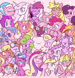Size: 1566x1623 | Tagged: safe, artist:laymy, imported from derpibooru, aloe, berry punch, berryshine, cheerilee, clear sky, daisy, diamond tiara, elbow grease, fleur-de-lis, flower wishes, holly dash, jetstream, lily, lily valley, luckette, luster dawn, meadow flower, pinkie pie, piña colada, princess cadance, royal ribbon, sugar belle, sunshine smiles, toola roola, vidala swoon, oc, oc:fluffle puff, alicorn, crystal pony, earth pony, pegasus, pony, unicorn, :3, :o, crown, cute, drunk bubbles, eyes closed, female, filly, flag, flower, foal, freckles, frown, goggles, grin, heart, jewelry, mare, open mouth, paradise (g4), pink, regalia, smiling, sparkles, sunflower (g4), wall of pink