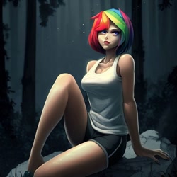 Size: 900x900 | Tagged: safe, imported from derpibooru, rainbow dash, human, equestria girls, ai content, ai generated, bare shoulders, clothes, everfree forest, female, forest, generator:stable diffusion, legs, night, rock, shorts, sitting, sleeveless, solo, tanktop, wrong eye color