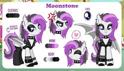 Size: 4632x2661 | Tagged: safe, artist:jennieoo, imported from derpibooru, oc, oc:moonstone, bat pony, choker, clothes, eyeshadow, leather, leather vest, makeup, reference sheet, spiked choker, spiked wristband, vest, wristband