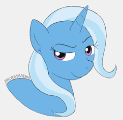 Size: 755x733 | Tagged: safe, artist:incredisenn, imported from derpibooru, trixie, pony, unicorn, bust, colored, female, flat colors, mare, signature, sketch, smiling, smirk, solo