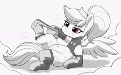 Size: 2500x1549 | Tagged: safe, artist:pabbley, imported from derpibooru, rainbow dash, pegasus, pony, alternate hairstyle, belly, belly button, clothes, cloud, female, grayscale, latex, latex socks, lying down, lying on a cloud, mare, monochrome, on a cloud, on back, partial color, ponytail, socks, solo, spread wings, sweat, undressing, uniform, wings, wonderbolts uniform