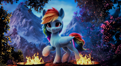 Size: 2816x1536 | Tagged: safe, imported from derpibooru, rainbow dash, pegasus, pony, 16:9, ai assisted, ai content, brazier, depth of field, fire, foliage, mountain, outdoors, prompter:saphkey, solo, wallpaper