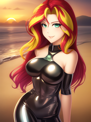 Size: 1020x1360 | Tagged: safe, imported from derpibooru, sunset shimmer, human, ai content, ai generated, bare shoulders, beach, belly button, bodysuit, breasts, busty sunset shimmer, choker, clothes, female, generator:stable diffusion, humanized, latex, latex suit, lips, long hair, looking at you, mountain, mountain range, prompter:sammykun, rubber, rubber suit, shiny, skintight clothes, sleeveless, solo, stupid sexy sunset shimmer, sunset, tight clothing