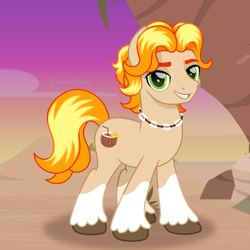 Size: 1600x1600 | Tagged: safe, artist:cloudy glow, imported from derpibooru, golden waves, earth pony, pony, beach, g4, g5, g5 to g4, generation leap, grin, jewelry, lidded eyes, looking at you, male, movie accurate, my little pony: make your mark, necklace, signature, smiling, solo, stallion, tail, unshorn fetlocks, vector