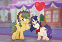 Size: 1280x862 | Tagged: safe, artist:writtenheart, imported from derpibooru, oc, oc only, earth pony, pony, balloon, base used, deviantart watermark, duo, earth pony oc, female, hat, heart, heart balloon, indoors, male, mare, neckerchief, obtrusive watermark, smiling, stallion, unshorn fetlocks, watermark