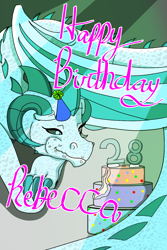 Size: 800x1200 | Tagged: safe, artist:lullabyjak, imported from derpibooru, dragon, birthday, birthday cake, cake, eating cake, food, hat, party hat