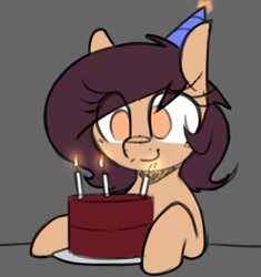 Size: 899x957 | Tagged: safe, artist:lockheart, imported from derpibooru, oc, oc only, oc:lockie, earth pony, pony, birthday cake, birthday candles, cake, candle, eye clipping through hair, female, food, gray background, hat, mare, no pupils, party hat, simple background, smiling, solo