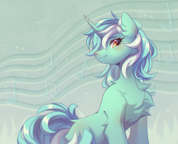 Size: 4940x4000 | Tagged: safe, artist:dedfriend, imported from derpibooru, lyra heartstrings, pony, unicorn, absurd file size, absurd resolution, chest fluff, ear fluff, female, mare, music notes, redraw, signature, smiling, solo