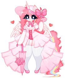 Size: 3084x3675 | Tagged: safe, artist:arwencuack, imported from derpibooru, oc, oc:nekonin, alicorn, anthro, advertisement, arm hooves, bow, clothes, commission, commission info, dress, dressup, femboy, fluffy, garter belt, garters, hair bow, hat, heart, heart eyes, high heels, leotard, male, shoes, simple background, socks, solo, sun hat, thigh highs, umbrella, white background, wingding eyes