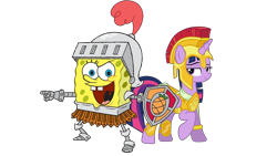 Size: 1920x1080 | Tagged: safe, artist:thxfan2022, imported from derpibooru, twilight sparkle, alicorn, pony, armor, athena sparkle, clothes, costume, crossover, fantasy class, female, male, nickelodeon, shield, spartan, sponge, spongebob squarepants, spongebob squarepants (character), spongicus, twilight sparkle (alicorn), warrior