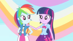 Size: 3072x1727 | Tagged: safe, imported from derpibooru, screencap, rainbow dash, twilight sparkle, human, equestria girls, rainbow rocks, shake your tail, clothes, cutie mark, cutie mark on clothes, duo, duo female, female, looking at each other, looking at someone, smiling, smiling at each other