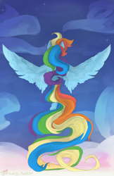 Size: 2254x3469 | Tagged: safe, artist:destinymanticor, imported from derpibooru, rainbow dash, pegasus, pony, facing away, female, high res, long tail, mare, solo, spread wings, tail, wings