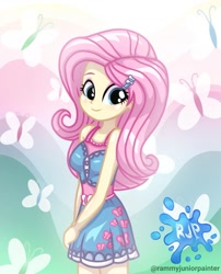 Size: 1080x1335 | Tagged: safe, artist:rjp.rammy, imported from derpibooru, fluttershy, butterfly, human, equestria girls, equestria girls series, bare shoulders, blushing, breasts, clothes, cute, cutie mark, cutie mark on clothes, female, hairpin, looking at you, reasonably sized breasts, shyabetes, signature, sleeveless, smiling, smiling at you, solo