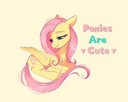 Size: 4096x3290 | Tagged: safe, artist:imalou, edit, imported from ponybooru, fluttershy, pegasus, pony, cute, female, folded wings, heart, lidded eyes, lying down, mare, ponyloaf, prone, shyabetes, simple background, sitting, smiling, text, wings, yellow background