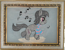 Size: 1024x789 | Tagged: safe, artist:lightdragon1988, imported from derpibooru, octavia melody, earth pony, pony, clothes, cross stitch, female, irl, music notes, photo, scarf, snow, snowfall, solo, striped scarf, traditional art, winter