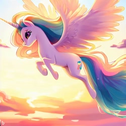 Size: 1024x1024 | Tagged: safe, imported from derpibooru, princess celestia, alicorn, pony, ai content, ai generated, female, flying, mare, solo