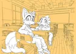 Size: 1300x919 | Tagged: safe, artist:michiyoshi, imported from derpibooru, spike, dragon, fox, classroom, clothes, crossover, duo, male, miles "tails" prower, school, sonic the hedgehog (series)