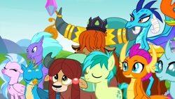Size: 1920x1080 | Tagged: safe, imported from derpibooru, screencap, gallus, ocellus, prince rutherford, princess ember, sandbar, silverstream, sky beak, smolder, thorax, yona, changedling, changeling, classical hippogriff, dragon, earth pony, griffon, hippogriff, pony, school daze, 1080p, cute, diastreamies, dragoness, eyes closed, female, friendship student, happy, king thorax, male, offscreen character, smiling, stallion, student six, teenager
