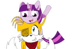 Size: 431x287 | Tagged: safe, artist:tailsisbest, imported from derpibooru, twilight sparkle, fox, pony, unicorn, clothes, crossover, duo, lowres, miles "tails" prower, one eye closed, scarf, simple background, sonic the hedgehog (series), unicorn twilight, white background, wink