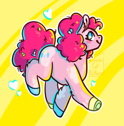 Size: 990x1008 | Tagged: safe, artist:flowercatbutters, imported from derpibooru, pinkie pie, earth pony, pony, blush sticker, blushing, coat markings, female, floating heart, heart, hooves, mare, multicolored hooves, smiling, solo, striped background, underhoof