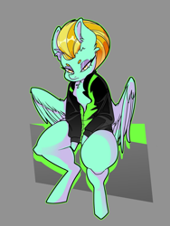 Size: 1536x2048 | Tagged: safe, artist:illuminare, imported from derpibooru, lightning dust, pegasus, semi-anthro, clothes, eyelashes, female, looking at you, mare, sitting, solo, spread wings, uniform, washouts uniform, wings
