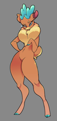 Size: 978x2048 | Tagged: safe, artist:illuminare, imported from derpibooru, deer, reindeer, semi-anthro, them's fightin' herds, cloven hooves, community related, eyelashes, female, gray background, looking at you, simple background, solo, velvet (tfh)