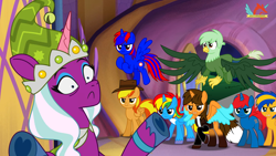 Size: 3072x1727 | Tagged: safe, artist:ejlightning007arts, edit, edited screencap, imported from derpibooru, screencap, opaline arcana, oc, oc:ej, oc:firey ratchet, oc:flare spark, oc:gregory griffin, oc:shield wing, oc:stephen (stephen-fisher), oc:train track, alicorn, griffon, pegasus, pony, unicorn, spoiler:g5, spoiler:my little pony: tell your tale, spoiler:tyts01e39, alicorn oc, angry, clothes, coat markings, elf hat, eyeshadow, fedora, female, funny, g5, griffon oc, hat, horn, implied fight, jacket, makeup, male, mare, multicolored hair, my little pony: tell your tale, oh shit, opaline's dark castle, ready to fight, shocked, socks (coat markings), stallion, the fire lightning squad, this will end in pain, under the mistytoe, unshorn fetlocks, vector, watermark, wings
