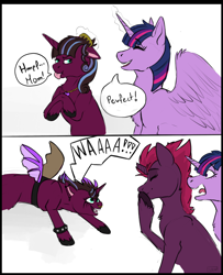 Size: 1500x1844 | Tagged: safe, artist:galaxylatte, imported from derpibooru, tempest shadow, twilight sparkle, oc, oc:blueberry shot, alicorn, pony, unicorn, my little pony: the movie, brushing, canon x oc, comic, female, filly, foal, funny, hair, jumping, lesbian, magical lesbian spawn, offspring, parent, parent:tempest shadow, parent:twilight sparkle, parents:tempestlight, purple body, purple hair, reference sheet, rock, shipping, tempestlight, twilight sparkle (alicorn), young