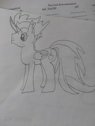 Size: 4608x3456 | Tagged: safe, artist:acid flask, imported from derpibooru, oc, oc:acid flask, alicorn, pony, 2d, alicorn oc, art dump, curved horn, drawing, horn, long tail, looking forward, male, paper, sketch, sketch dump, smiling, stallion, tail, traditional art, wings