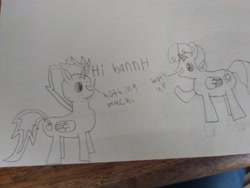 Size: 4608x3456 | Tagged: safe, artist:acid flask, imported from derpibooru, oc, oc only, oc:acid flask, oc:hannah, alicorn, pony, alicorn oc, art dump, drawing, female, happy, horn, looking at each other, looking at someone, male, mare, paper, sketch, sketch dump, smiling, smiling at each other, stallion, talking, text, traditional art, wings