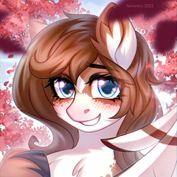 Size: 1500x1500 | Tagged: safe, artist:fenwaru, imported from derpibooru, oc, oc:mabel, pony, blushing, bust, cherry blossoms, cute, flower, flower blossom, hooves, portrait, smiling, wings