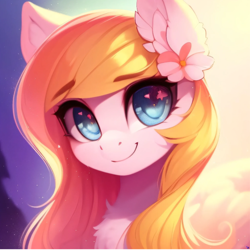 Size: 2048x2048 | Tagged: safe, editor:be.yovrsxlf_, imported from derpibooru, oc, oc only, oc:sunny days, earth pony, pony, ai assisted, ai content, chest fluff, cute, ear fluff, eyebrows, female, flower, flower in hair, generator:purplesmart.ai, generator:stable diffusion, looking at you, ocbetes, smiling, smiling at you, solo, tree