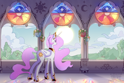 Size: 6100x4100 | Tagged: safe, artist:0ponchik0, imported from derpibooru, princess celestia, alicorn, pony, butt, castle of the royal pony sisters, ethereal mane, ethereal tail, female, flower, mare, pink-mane celestia, plot, signature, solo, stained glass window, sun, tail, younger