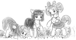 Size: 850x445 | Tagged: safe, artist:alloyrabbit, imported from derpibooru, oc, oc only, unnamed oc, earth pony, pegasus, unicorn, clothes, crush fetish, crushing, destruction, earth pony oc, face down ass up, fetish, horn, looking at someone, looking down, macro, macro/micro, micro, pegasus oc, raised hooves, rearing, simple background, stepping on something, stomping, tiny, unicorn oc, white background