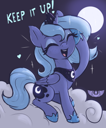 Size: 2500x3000 | Tagged: safe, alternate version, artist:t72b, imported from derpibooru, princess luna, alicorn, pony, april fools, april fools 2023, cloud, crown, cute, eyes closed, female, freckles, heart, hoof shoes, jewelry, lunabetes, mare, moon, new lunar republic, on a cloud, open mouth, open smile, peytral, regalia, s1 luna, salute, sitting, sitting on a cloud, smiling, solo, sparkles, weapons-grade cute