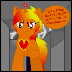 Size: 1600x1600 | Tagged: safe, artist:speedy526745, imported from derpibooru, pony, city, cityscape, dialogue, evil, giant pony, gradient mane, looking at you, macro, macro/micro, magic orb, micro, orange coat, orange mane, red eyes, run, smiling, this will end in pain, this will end in pain and/or death, this will end in pain and/or tears and/or death, thunderstorm